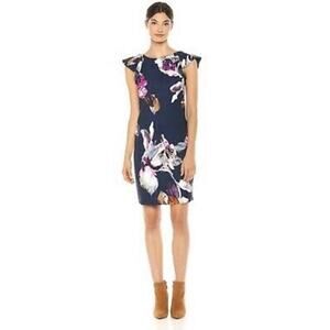 NWT Trina Turk Jasey Ruffle Sleeve Dress Navy‎ Pink Floral Sheath Small